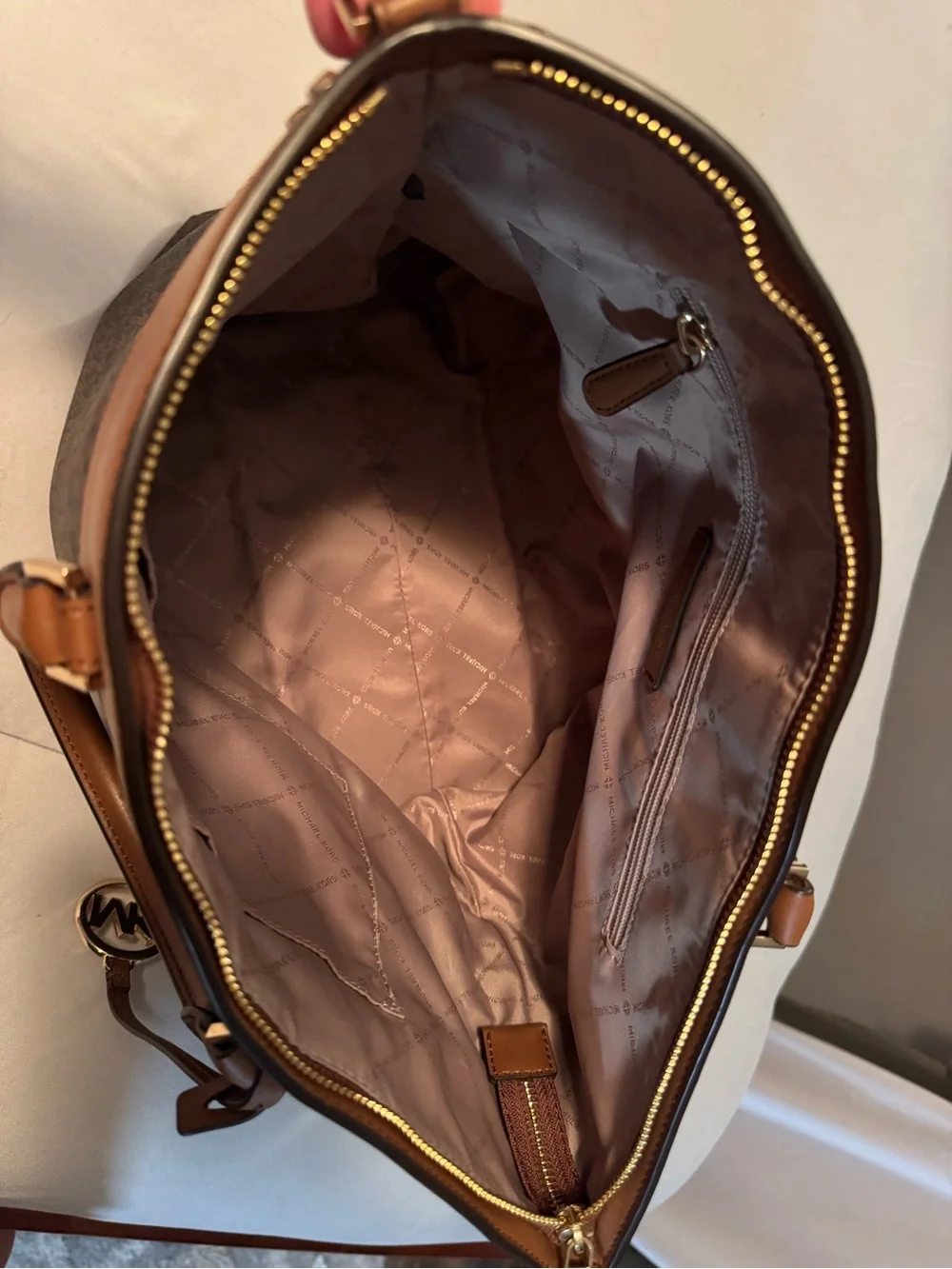 Michael Kors Brown Logo Tote with Tan Trim and Gold Hardware